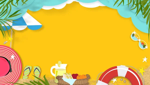 以黄色背景为复制空间的海滨度假主题的夏季背景 热带夏季设计 棕榈叶和云在蓝天层上的矢量平铺横幅剪纸 — 图库矢量图片