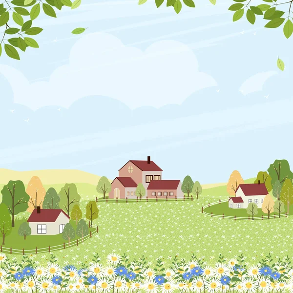 Spring Field Cottage House Cloud Blue Sky Χαριτωμένο Τοπίο Αγροτικών — Διανυσματικό Αρχείο