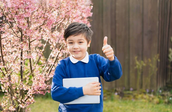 Portrait Happy Young Boy Showing Thumbs Looking Camera Smiling Face — Stock Photo, Image