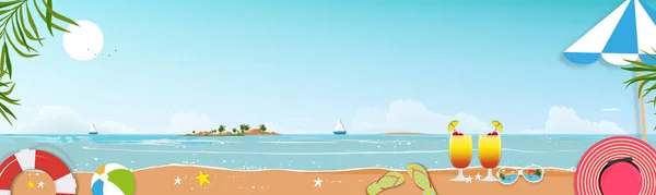夏日长城背景 阳光明媚 有岛屿 矢量横幅背景假日主题 海景尽收眼底 椰子树交界处 — 图库矢量图片