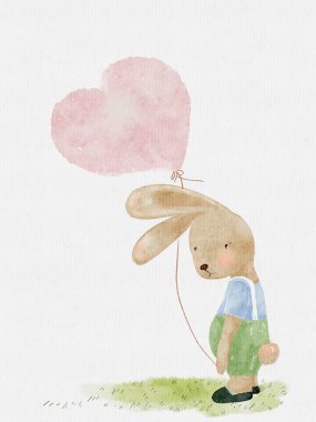 Suluboya Tavşan elinde kalp şeklinde balon, dijital el boyası çim tarlasında tek başına duran sevimli Tavşan komik yüzlü çocuk doğum günü ya da davetiye kartı için karikatür çizimi.