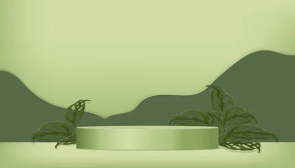 Студійна Кімната Тривимірним Подіумом Циліндра Тропічні Листя Фоні Зеленої Стіни — стоковий вектор
