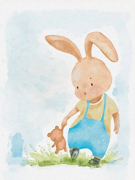 Watercolor Cute Rabbit Berlari Lapangan Rumput Memegang Teddy Bear Digital — Stok Foto