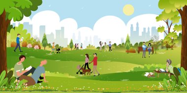 Ailenin parkta eğlendiği bir sabah parkı, köpeği gezdiren çocuklar, telefonla konuşan bir adam, bankta oturan kadınlar, ağacın altında kitap okuyan iki adam, yaz zamanı şehir hayatı tarzında insanlar.