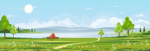 Spring landscape at village by the lake with green fields,mountain, blue sky and clouds, Vector nature cartoon scenery Summertime,Panoramic rural countryside by river with clear sky in morning