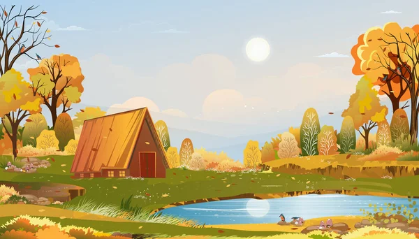 Autumn rural landscape in evening light with sunset, blue and orange sky background,Vector Cartoon fall season at countryside with forest tree and grass field with sunrise,Backdrop natural banner