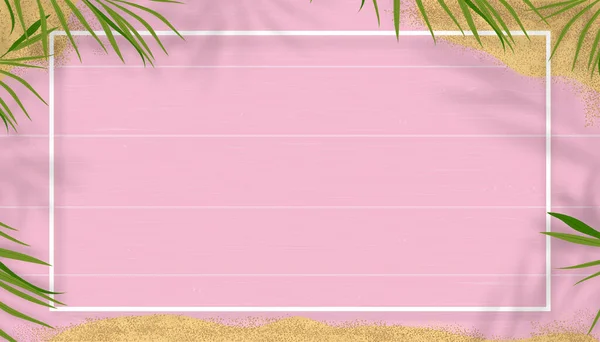 Hello Summer Green Nature Tropical Palm Leaf Shadow Pink Wooden - Stok Vektor