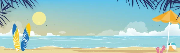 島の青い海とヤシの木の海 水平海のビーチ 青い空とふわふわの雲の砂 ベクトルイラスト夏休みの背景のための海辺の風景の美しい性質 — ストックベクタ
