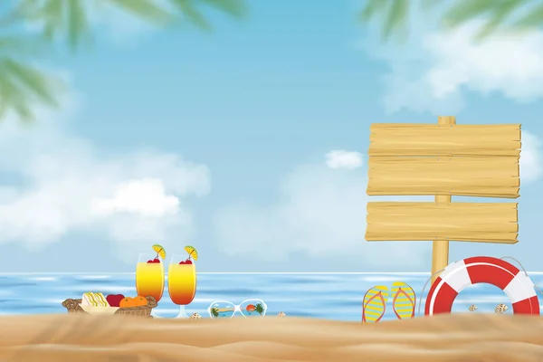 Летний Отдых Фон Голубым Океаном Небо Деревянная Вывеска Пляже Песка — стоковый вектор