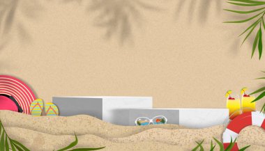 Sandy Beach Texture background with Palm leaf shadow and Footprints of human feet, Vector illustration Backdrop Brown Beach sand dune with barefoot for Summer banner background.