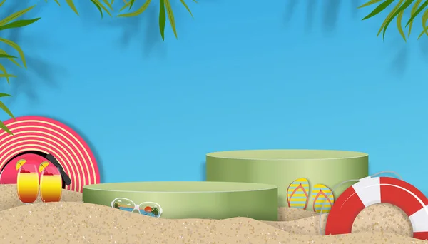 带3D讲台的演播室站在蓝色背景上 以棕榈叶阴影为假日主题 矢量插图背景为夏季横幅背景的背景剪纸沙滩层 — 图库矢量图片