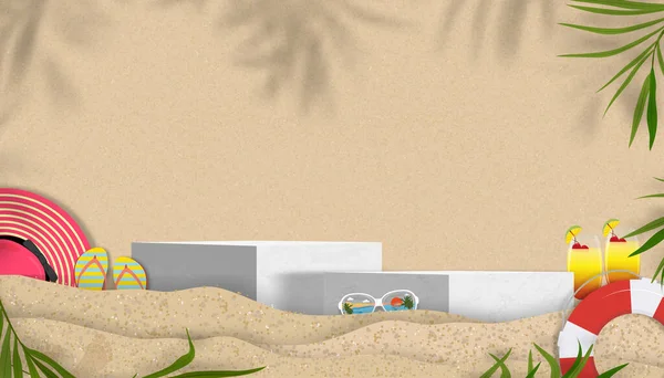 Sandy Beach Texture Background Palm Leaf Shadow Footprints Human Feet — Stock Vector