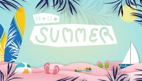 Hello Summer Background Beach Vacation Holiday Theme Surfboard Sunglass Ice — Vetor de Stock