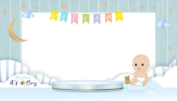 Vector Voor Baby Jongen Douche Kaart Blauwe Achtergrond Schattig Papier — Stockvector