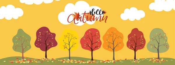 Fall Seasonbackground Banner Conjunto Árvores Com Folhas Multicoloridas Caindo Grround —  Vetores de Stock