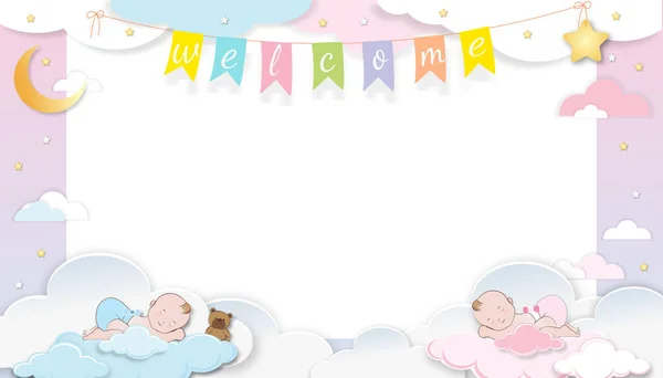 Baby Shower Card Cute Little Twin Boy Ragazza Che Dorme — Vettoriale Stock