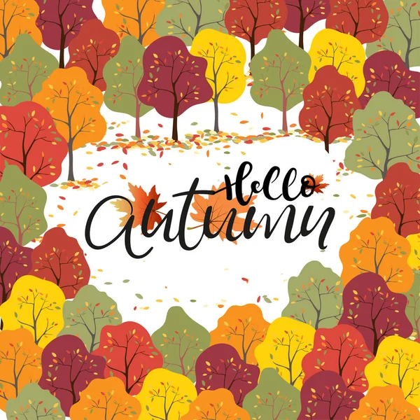 Cartões Convites Ação Graças Hello Autumn Card Conjunto Árvores Florestais —  Vetores de Stock