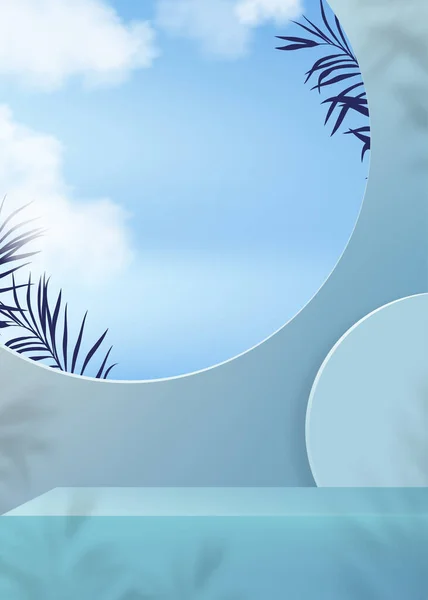 Фон Студии Дисплеем Подиума Пальмовый Лист Облако Голубое Небо Фоне — стоковый вектор
