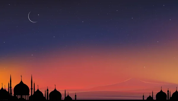 Islamic Card Silhouette Dome Mosques Crescent Moon Orange Sky Background - Stok Vektor