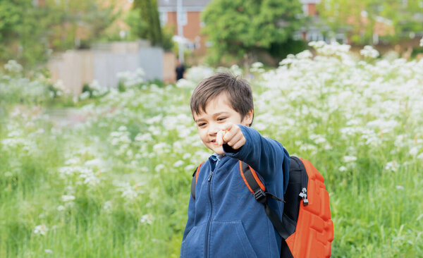 Happy School Kid Backpack Having Fun While Walk School Morning Royalty Free Stock Photos