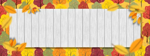 五彩缤纷的秋树上的秋天背景与白色和灰色的木板纹理 病媒图解秋天背景横幅感恩节卡片 销售或促销 — 图库矢量图片