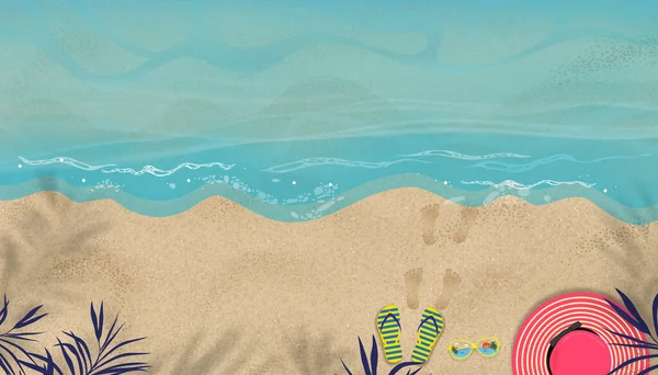 Летний Фон Сандалиями Шаг След Песчаном Пляже Шляпа Пальмовый Лист — стоковый вектор