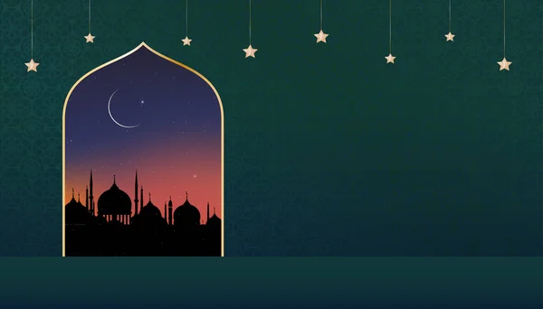 Islamic Card Silhouette Dome Mosques Crescent Moon Orange Sky Vetor - Stok Vektor