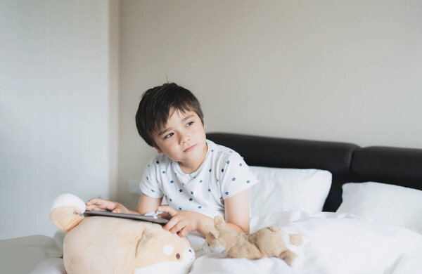 Kid Playing Games Online Internet Bedroom Portrait Young Boy Using Stock Image