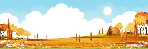 Ландшафт Осенних Полей Горой Голубое Небо Облако Копировальным Пространством Панорама — стоковый вектор