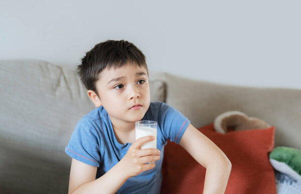 Portrait Healthy School Boy Drinking Glass Milk Breakfast Happy Child Royalty Free Stock Photos