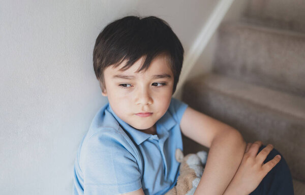 Portrait Kid Looking Out Deep Thought Lonely Child Sitting Stairs Stock Photo
