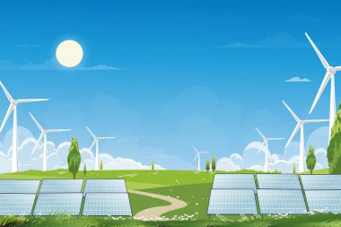 Güneş panelleri rüzgar türbinleri yenilenebilir enerji kaynağı olarak yerleştirildi. Yenilik, Teknoloji, Çevre dostu enerji. Güneşli bir günde yeşil alanda güneş çiftliği.