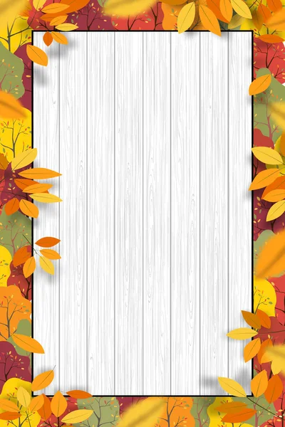 秋天背景 五彩缤纷的秋树上有白色和灰色的木板质感 秋天背景垂直横幅 用于感恩节卡片 销售或促销 — 图库矢量图片