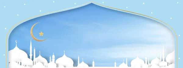 Eid Adha Banner Moschea Finestra Con Luna Mezzaluna Stella Sfondo — Vettoriale Stock