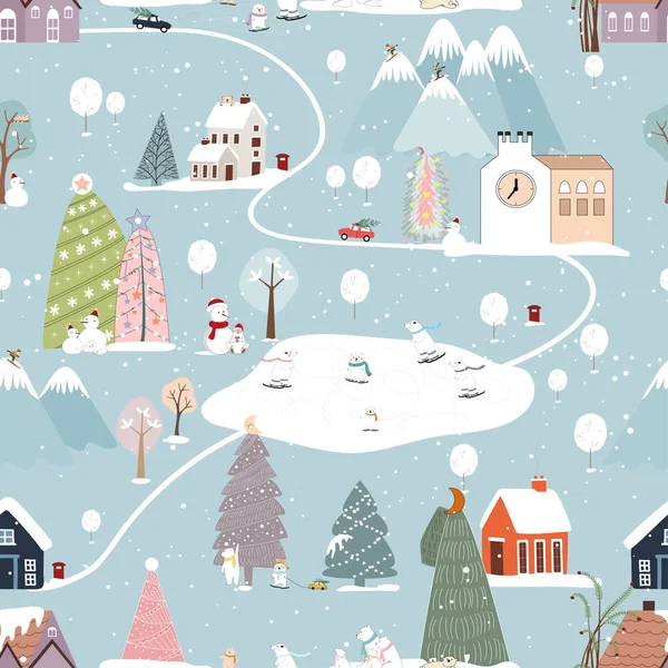 Seamless pattern Winter, Christmas landscape in the town with pine tree,fairy tale house,car,polar bear playing ice skate,Vector cute cartoon design Village on Christmas eve,New year 2023 background