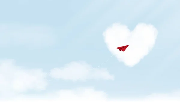 心の雲への赤い紙飛行機の方向 青い空まで目的地に飛ぶ最小紙飛行機は成功の目標に行きます — ストックベクタ