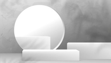 Stüdyo odası gri duvarı ve 3D podyum modeli, palmiye yaprağı gölgesiyle desenlendirilmiş Arka plan gri çimento, Gri Beton pankart tasarımı sunumu için vektör illüstrasyonu minimum arkaplan