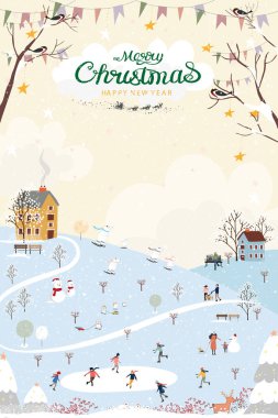 Kış Harikalar Diyarı 'ndaki insanlar kutlama yapıyor ve kutup ayıları sarı gökyüzü arka planında parkta oynuyorlar. Vektör illüstrasyonu Şirin Noel tebrik kartı, Yeni Yıl için dikey afiş