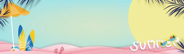 带冲浪板 防晒霜 粉红波浪层海滩球 带蓝天背景棕榈叶热带夏季设计矢量剪纸的暑期背景介绍 — 图库矢量图片