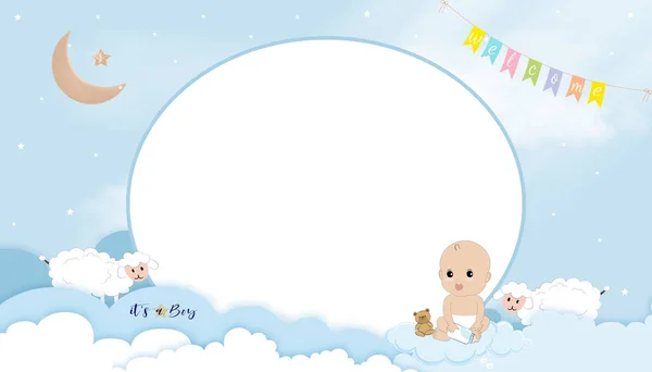 Baby Shower Zaproszenie Cute Little Boy Gospodarstwa Butelki Mleka Siedzi — Wektor stockowy