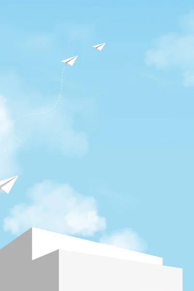 Langkah Podium Dengan Pesawat Kertas Putih Terbang Langit Biru Dengan - Stok Vektor
