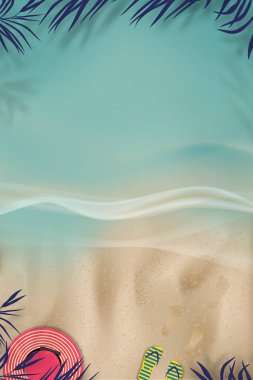 Yaz arkaplanı, deniz dalgasının kumsalındaki ayak izi, Top view Vector illüstrasyon plaj şapkası, sandalet, insan üvey oğlu kahverengi kum dokusu, yaz tatili için dikey afiş. 