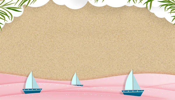Flat lay Summer background with origami white clouds,boat sailing in pink ocean wave on sand beach,Vector illustration paper art style tropical summer design element for Summer vacation,Travel, Sale
