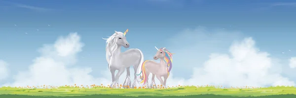 Licorne Debout Sur Champ Herbe Verte Printemps Avec Nuage Pelucheux — Image vectorielle