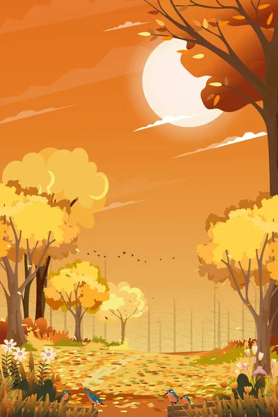 Autumn landscape forest with orange sky sunset,Vector Mid autumn natural in yellow foliage,Cartoon fall season at countryside with forest tree and grass field with sunrise,Backdrop natural banner