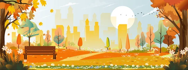 Autumn landscape with building city with blue sky behind the park,Vector illustration cartoon Fall season at the town in the morning,Cityscape natural garden with wood bench,  flower in public park