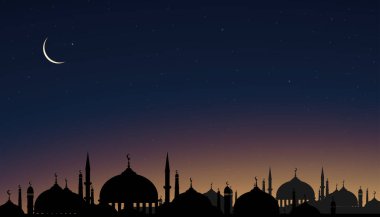 Siluet Kubbe Camileri, Orange Sky arka planında Hilal Ay, İslam dini için alacakaranlık gökyüzü olan Vetor Ramadhan Gecesi, Kurban Bayramı, Ramazan Bayramı, Ramazan Kareem