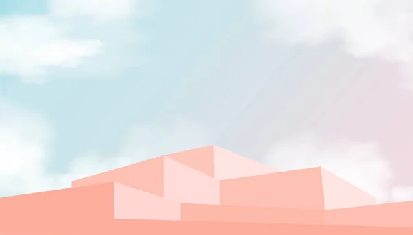 蓝粉色天空和蓬松的云彩背景带3D米色讲台台阶 带舞台展示模型的矢量插画横幅 春季最小设计背景 夏季销售 化妆品 — 图库矢量图片
