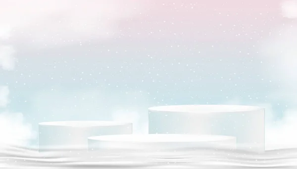 Studio Podium Snow Floor Pink Blue Sky Pastel Background Vector — Stockvektor