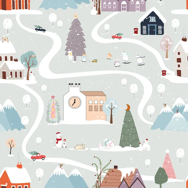 Winter Seamless pattern, Christmas landscape in the town with pine tree,fairy tale house,car,polar bear playing ice skate,Vector cute cartoon design Village on Christmas eve,New year 2023 background